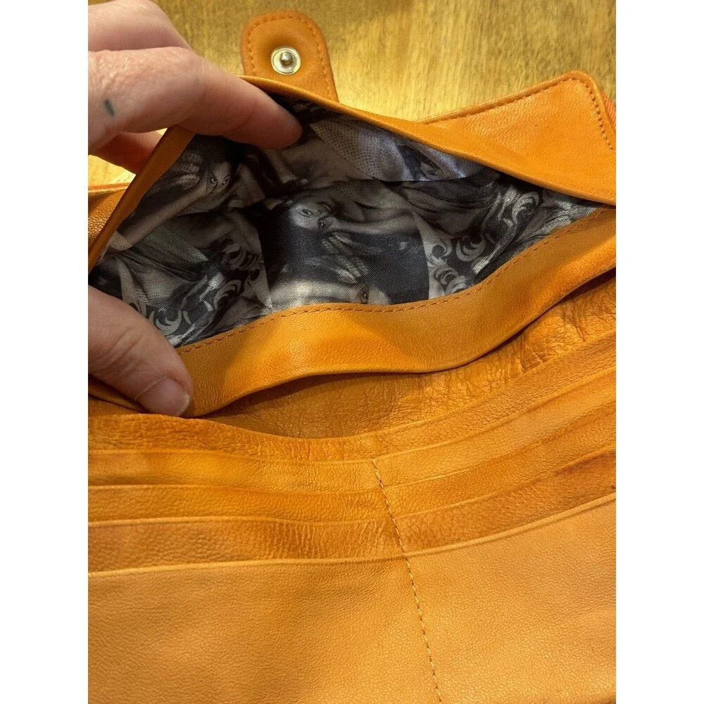 Junior Drake Distressed Orange Soft Leather Long Wallet Gold Hardware READ